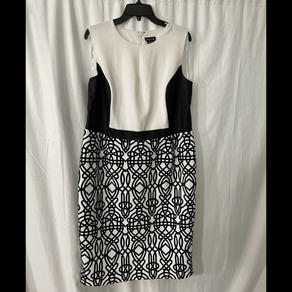 NEW City Chic Black‎ White Faux Leather Panel Pencil Fitted Dress [ M / 18 ]